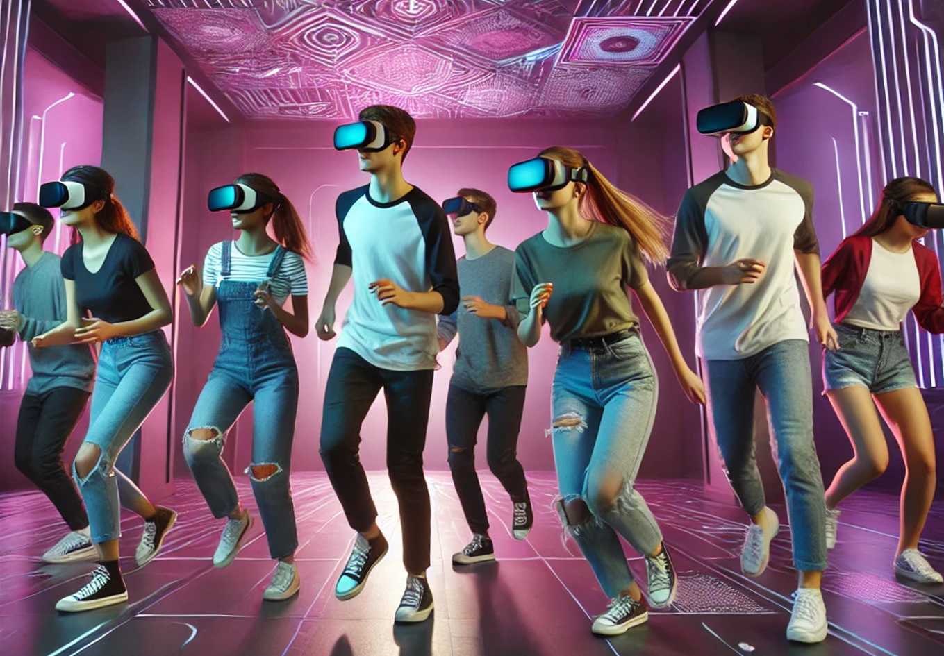 Grupo de amigos jugando juntos en un espacio amplio y futurista, con un techo iluminado por patrones de neón en tonos púrpura, azul y rosa, mientras usan gafas de realidad virtual.