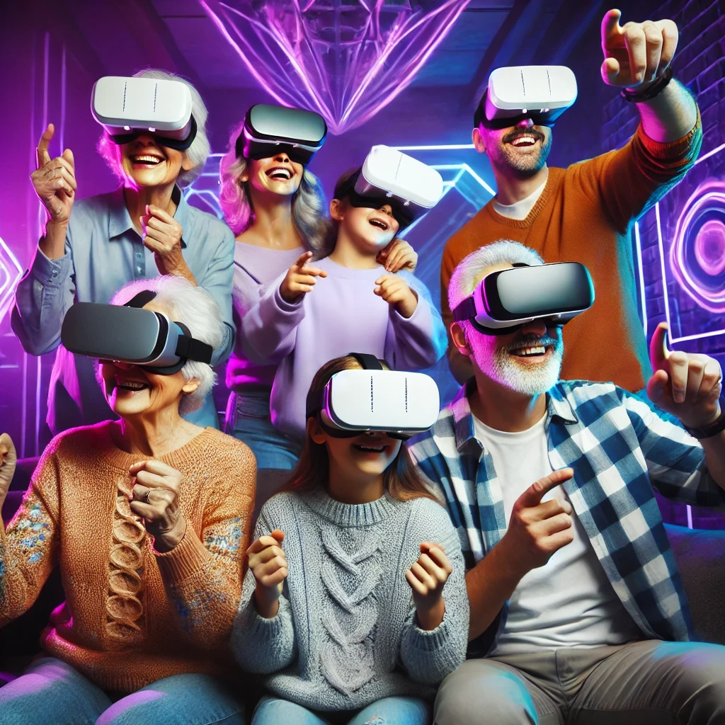 Familia de varias generaciones usando gafas de realidad virtual en un entorno futurista con luces neon
