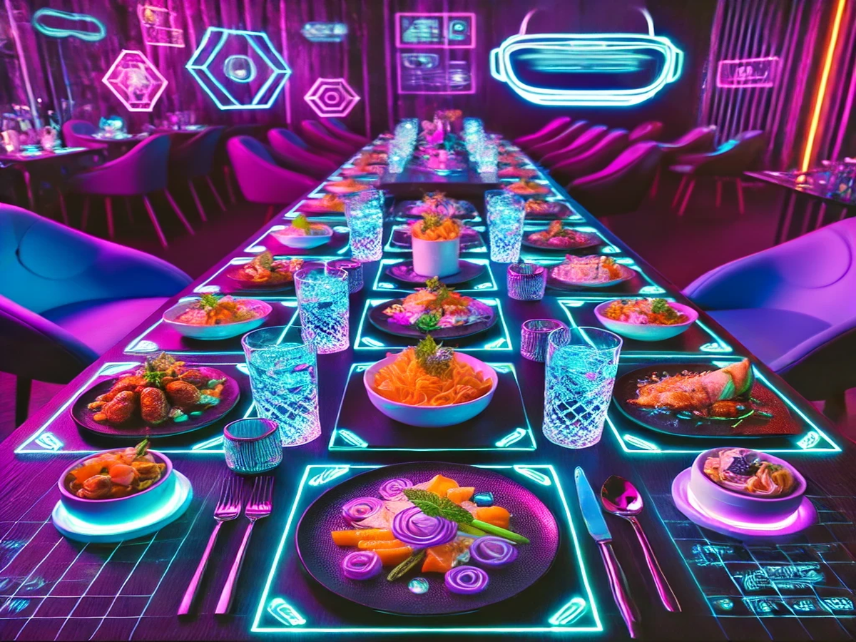 Mesa futurista con platos temáticos de colores neon, con personas usando gafas de realidad virtual en un entorno iluminado por tonos púrpura, azul y rosa.