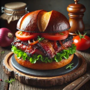 Hamburguesa Virtual Brunch con pan exclusivo "Pan Virtual Brunch", combinada con ingredientes premium como carne artesanal, piña asada y huevo de codorniz.
