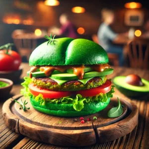 Hamburguesa Alienígena de Virtual Brunch con pan verde, opción vegana con ingredientes frescos como hamburguesa de garbanzo, lechuga, tomate y salsa especial.
