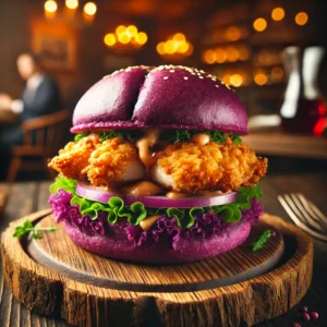 Hamburguesa Chicken Stellar de Virtual Brunch con "Pan Virtual Brunch", una receta galáctica con pollo, jamón ahumado, mozzarella y huevo de codorniz.