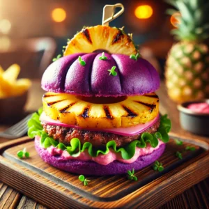 Hamburguesa Virtual Brunch con "Pan Virtual Brunch", carne artesanal, tocineta, piña asada y huevo de codorniz, una experiencia única de sabor y tecnología.