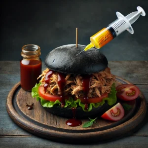 Hamburguesa Zombie de Virtual Brunch con pan negro y relleno de pulled pork, acompañada de ingredientes premium como cebolla caramelizada, queso cheddar y salsa BBQ.